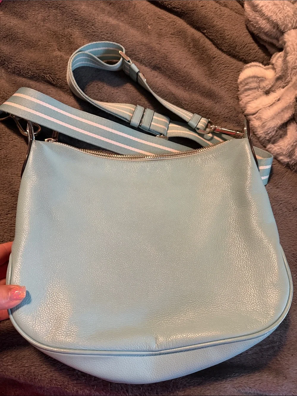 kate spade Light Blue Leather Hobo Shoulder Bag with Striped Strap